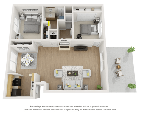A 3D floor plan of a small apartment with a kitchen, living room, and bedroom.